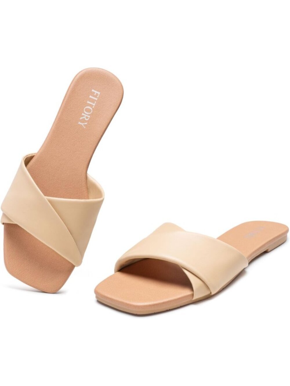 Women's Camel Flat Square Slides With Cross Strap Soft Leather Slippers